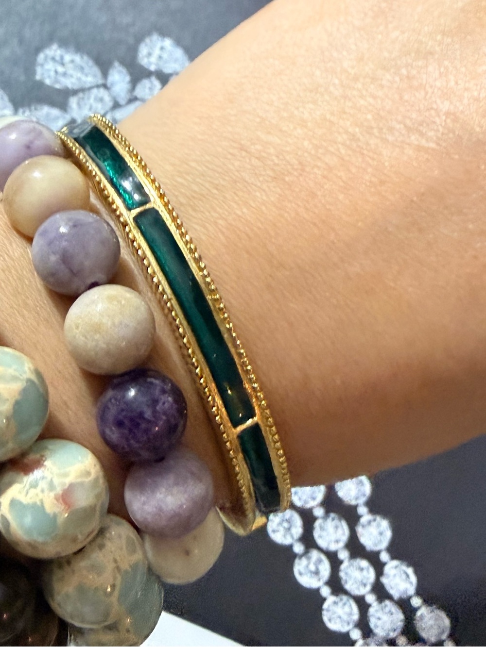 Vintage Polcini Hinged Bangle Bracelet Gold Tone & Green Enamel